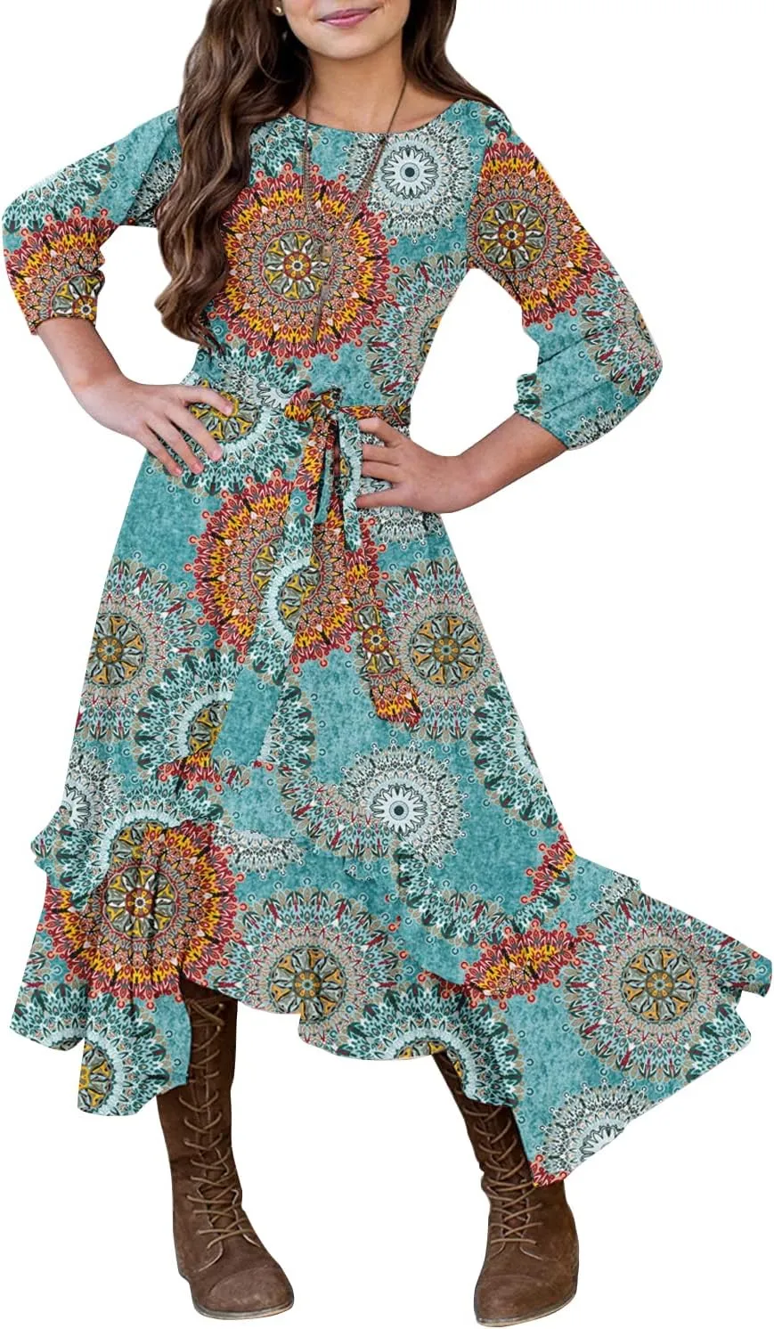 MITILLY Girls Loose Plain 3/4 Sleeve Casual Pocket Ruffle Swing Long Maxi Dress with Belt