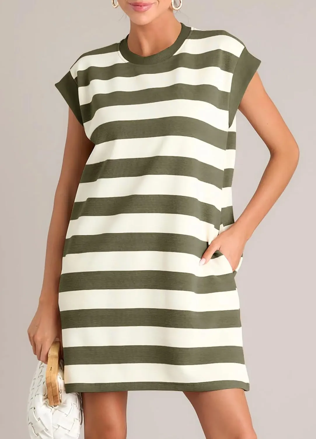 MITILLY Womens Striped Casual Summer Dresses Crewneck Cap Sleeve Color Block Shift Tshirt Short Dress with Pockets New