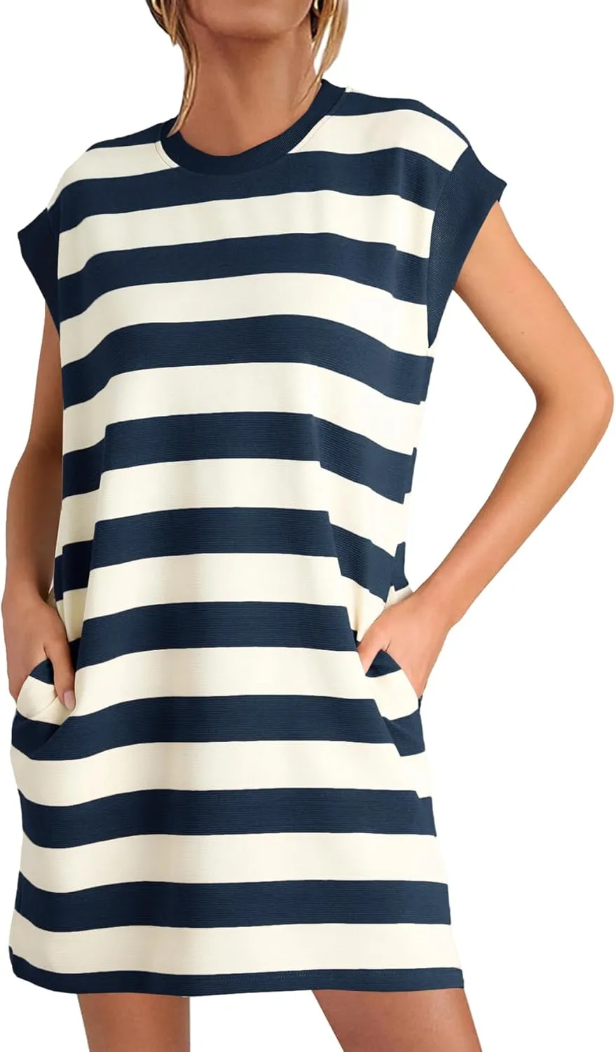 MITILLY Womens Striped Casual Summer Dresses Crewneck Cap Sleeve Color Block Shift Tshirt Short Dress with Pockets New