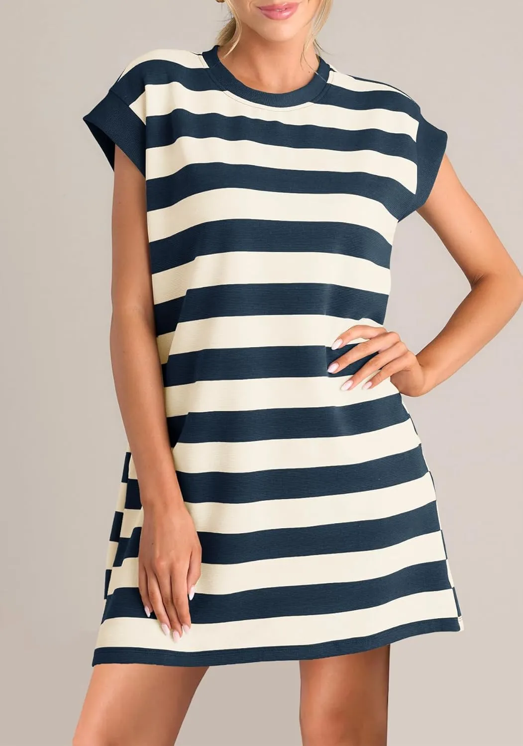 MITILLY Womens Striped Casual Summer Dresses Crewneck Cap Sleeve Color Block Shift Tshirt Short Dress with Pockets New