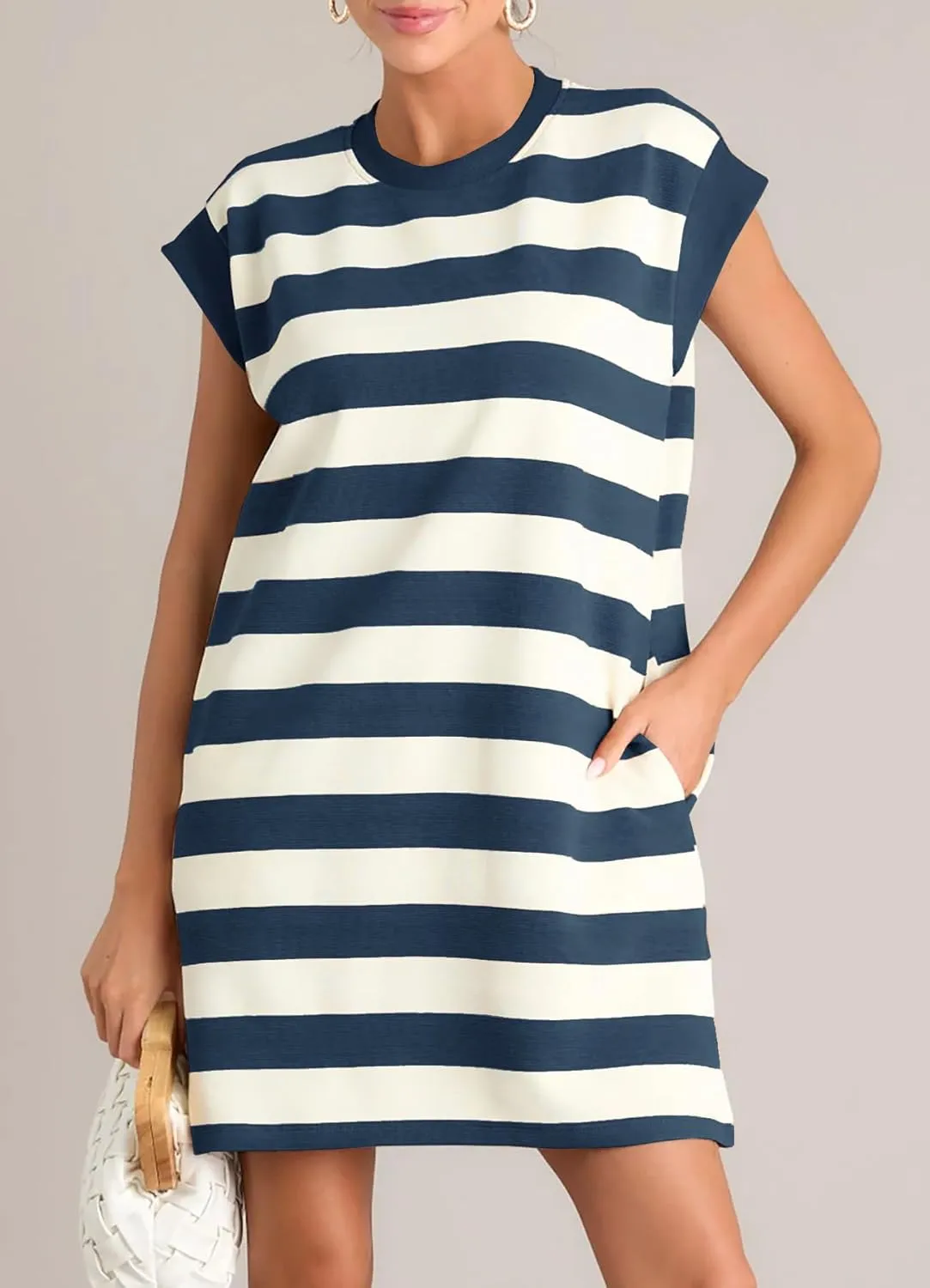 MITILLY Womens Striped Casual Summer Dresses Crewneck Cap Sleeve Color Block Shift Tshirt Short Dress with Pockets New