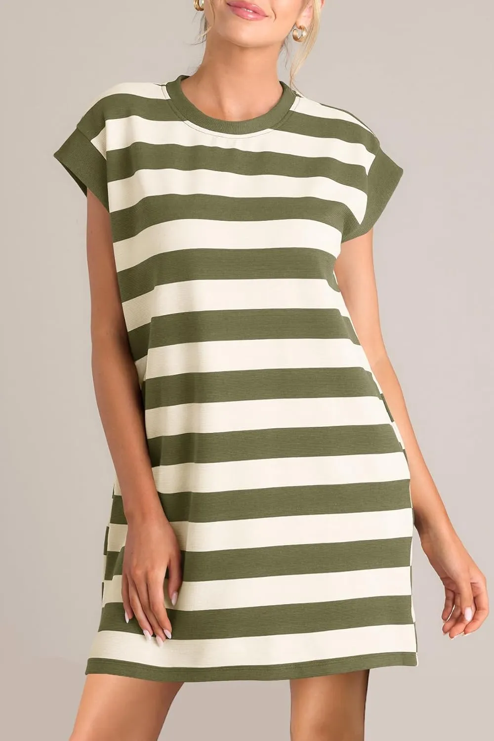 MITILLY Womens Striped Casual Summer Dresses Crewneck Cap Sleeve Color Block Shift Tshirt Short Dress with Pockets New