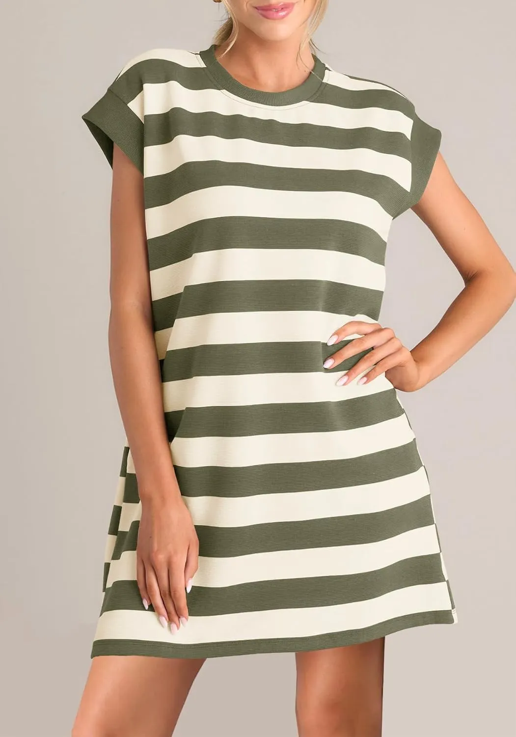 MITILLY Womens Striped Casual Summer Dresses Crewneck Cap Sleeve Color Block Shift Tshirt Short Dress with Pockets New