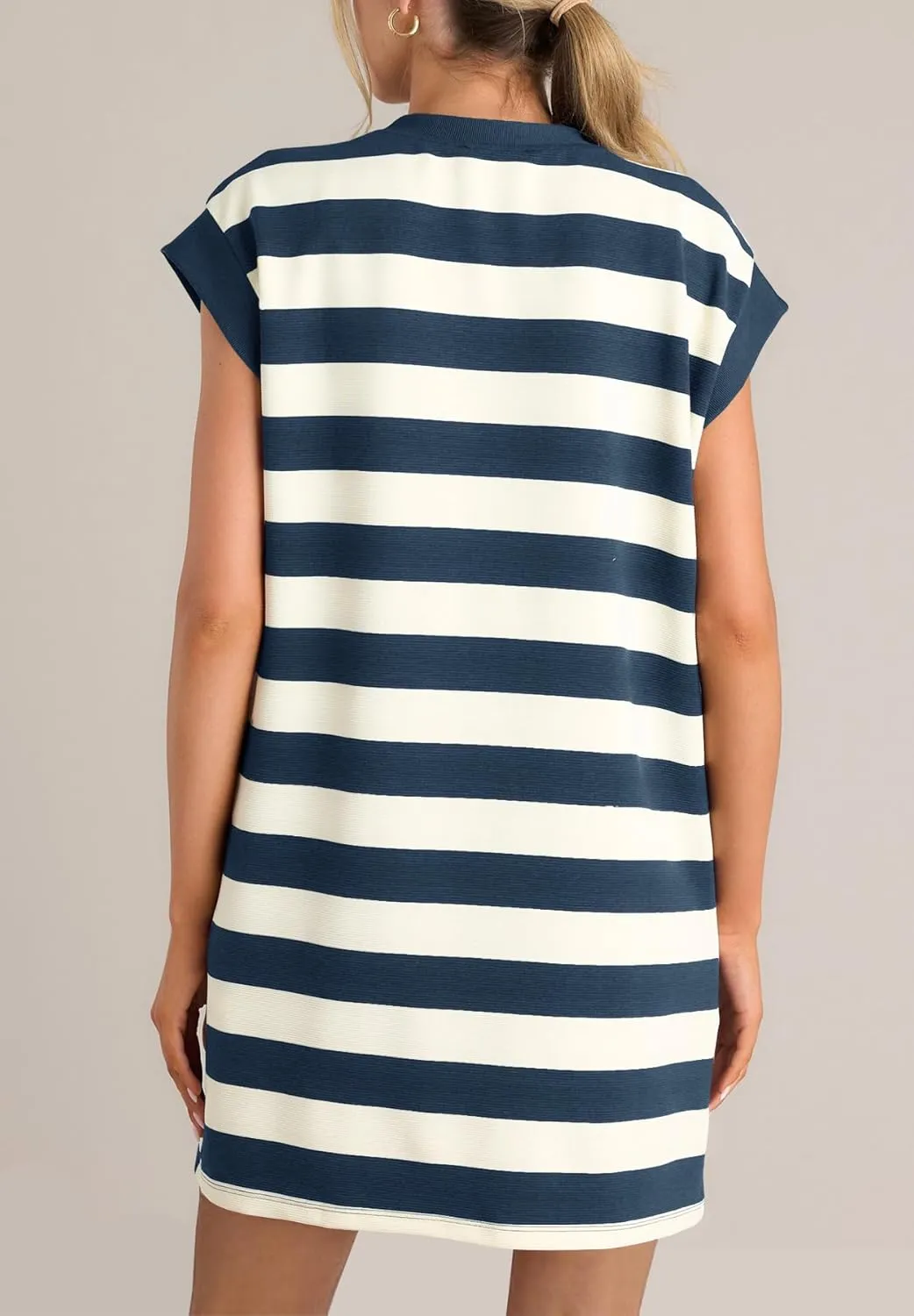 MITILLY Womens Striped Casual Summer Dresses Crewneck Cap Sleeve Color Block Shift Tshirt Short Dress with Pockets New