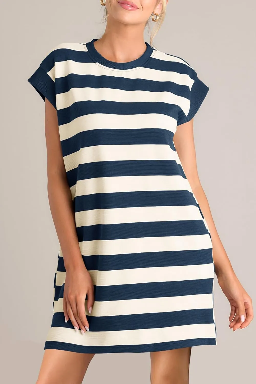MITILLY Womens Striped Casual Summer Dresses Crewneck Cap Sleeve Color Block Shift Tshirt Short Dress with Pockets New