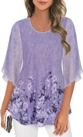 Ninedaily Women's Tops 3/4 Sleeve Blouses Dressy Casual Double Layers Mesh Tunic Shirts