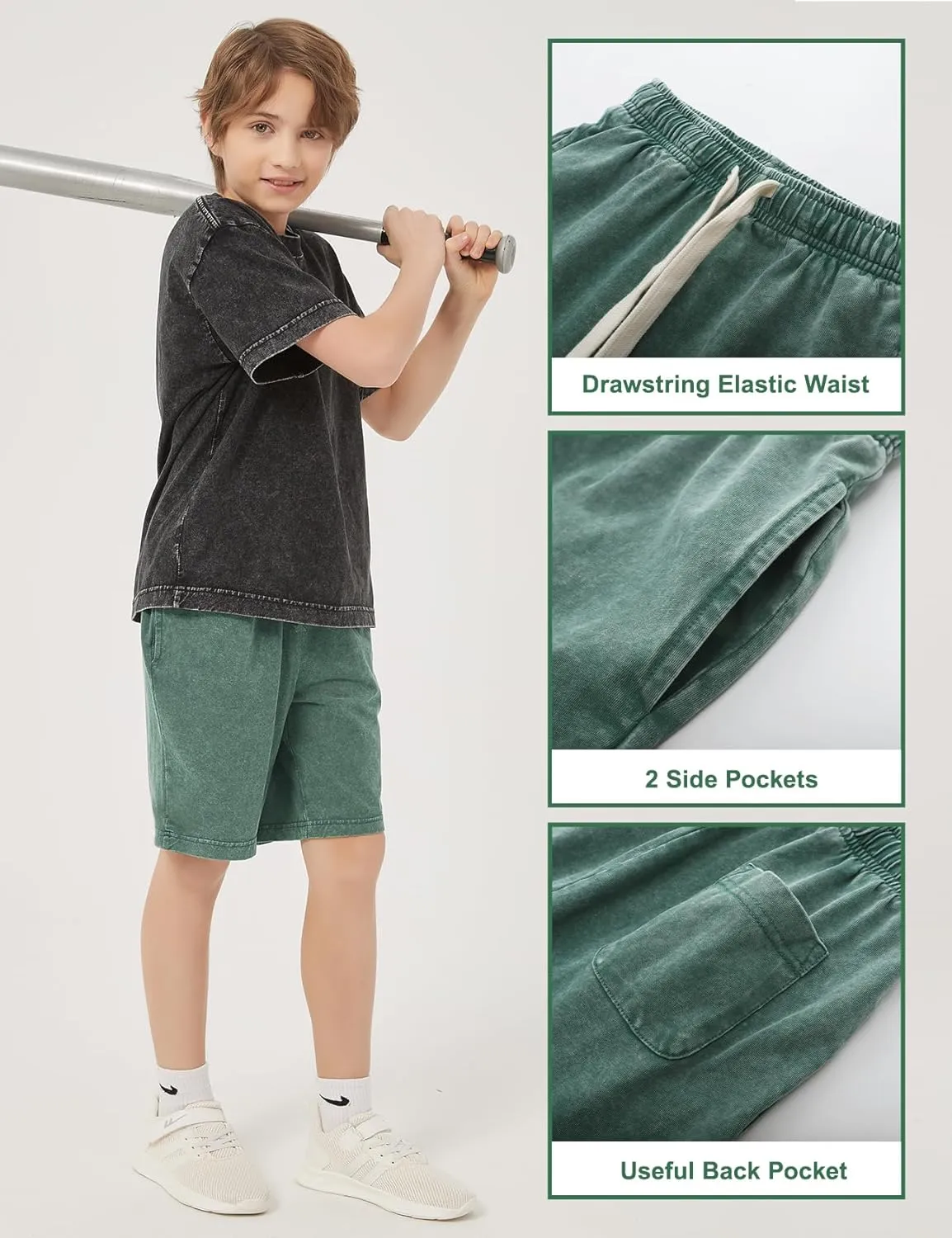 PEHMEA Boys Girls Cotton Shorts, Athletic Casual Jogger Loose Fit Kids Short with Pockets Elastic Waist Drawstring for 5-14Y