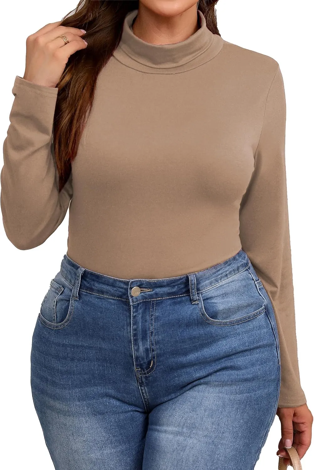 Plus Size Turtleneck Shirt Women Long Sleeve Slim Fit Mock Neck Bodycon Tops
