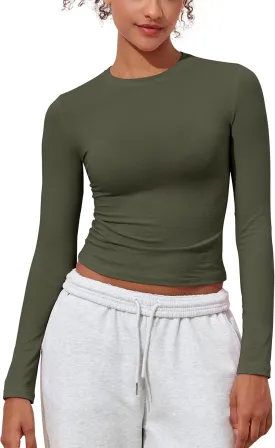 PrettyGuide Women's Cotton Jersey Long Sleeve Shirts Tight Fit Crewneck Crop Tops Basic Fall Going Out Y2K Tops