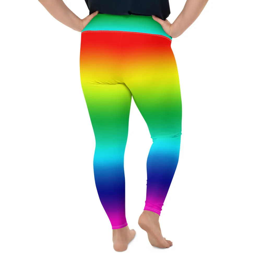 Rainbow Ombre Plus Size Tights, Rainbow Color Print Women's Plus Size Leggings Long Yoga Pants- Made in USA/EU