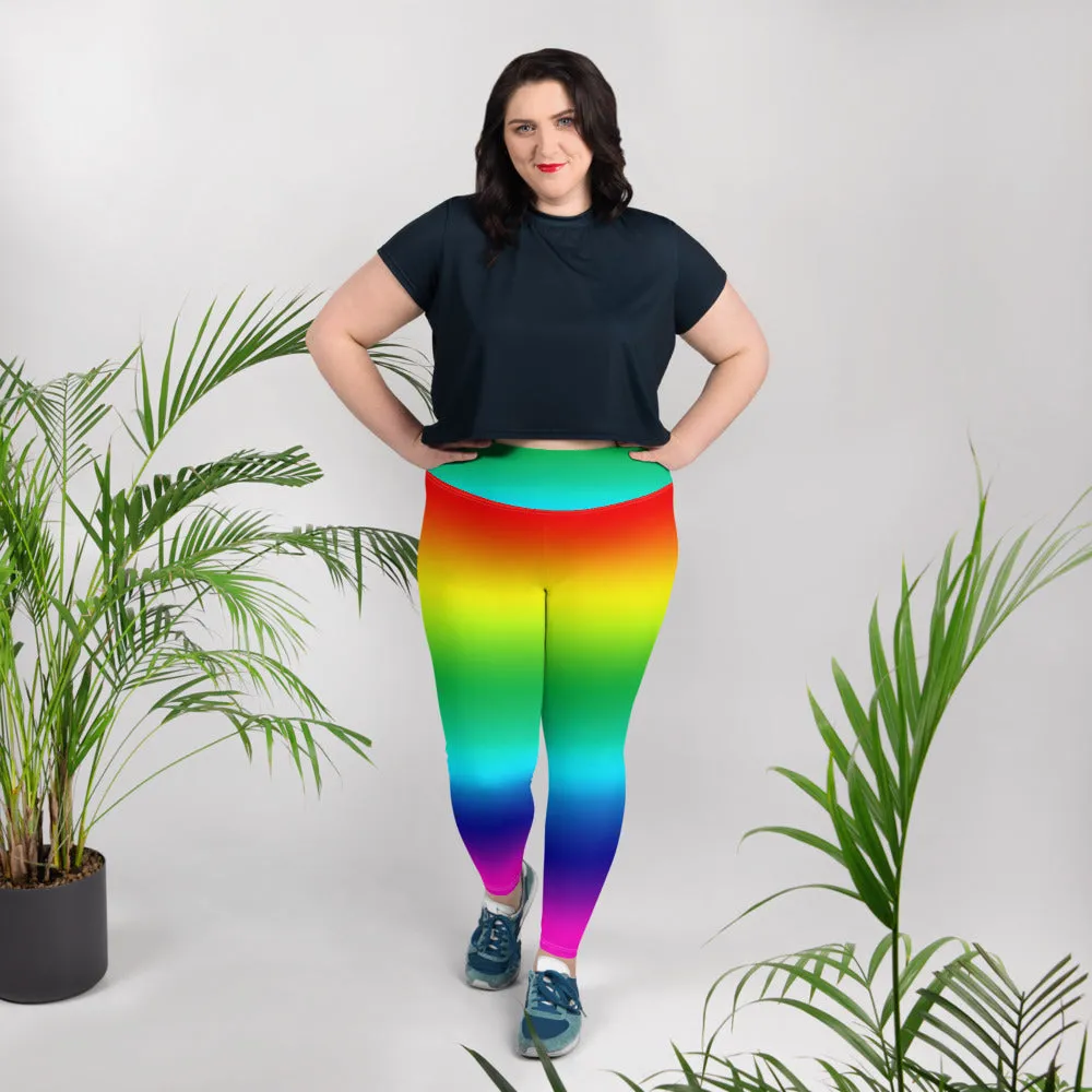 Rainbow Ombre Plus Size Tights, Rainbow Color Print Women's Plus Size Leggings Long Yoga Pants- Made in USA/EU
