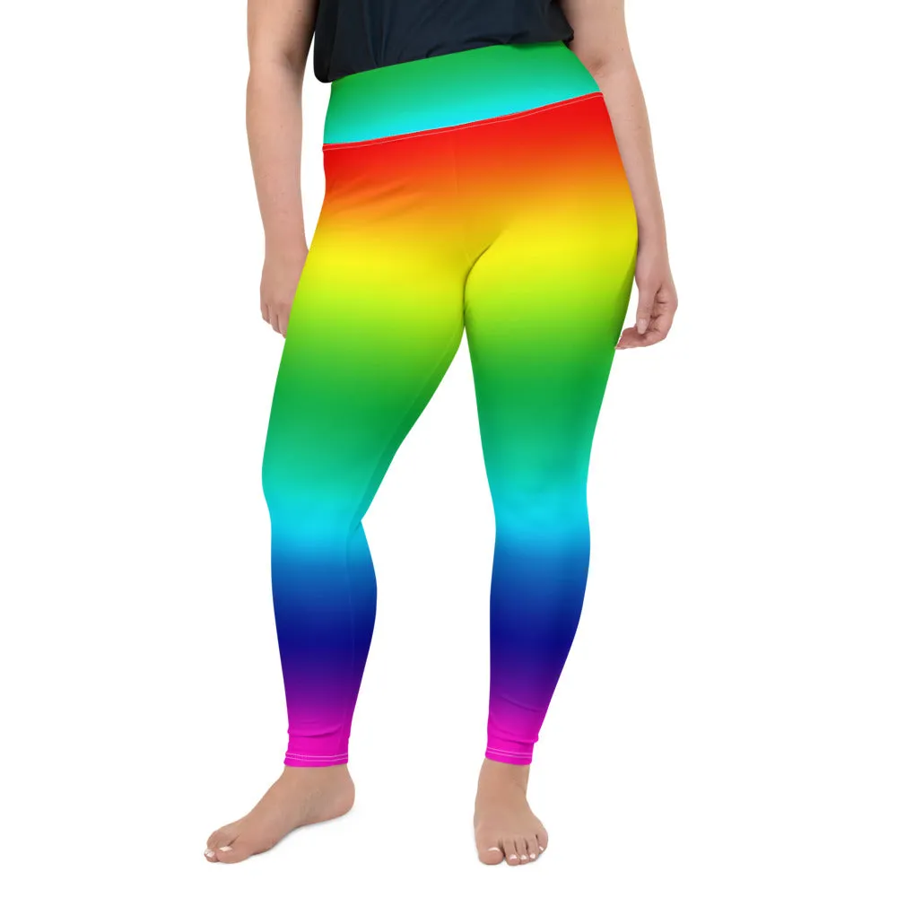 Rainbow Ombre Plus Size Tights, Rainbow Color Print Women's Plus Size Leggings Long Yoga Pants- Made in USA/EU
