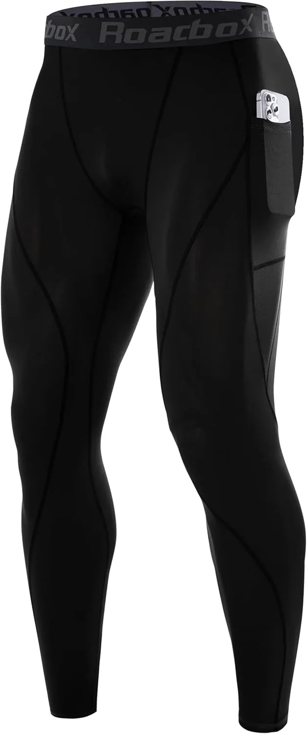 Roadbox 1 or 2 Pack Compression Pants Men, Running Workout Leggings with Pockets, Gym Basketball Athletic Tights Base Layer