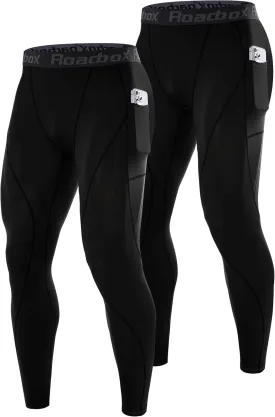 Roadbox 1 or 2 Pack Compression Pants Men, Running Workout Leggings with Pockets, Gym Basketball Athletic Tights Base Layer