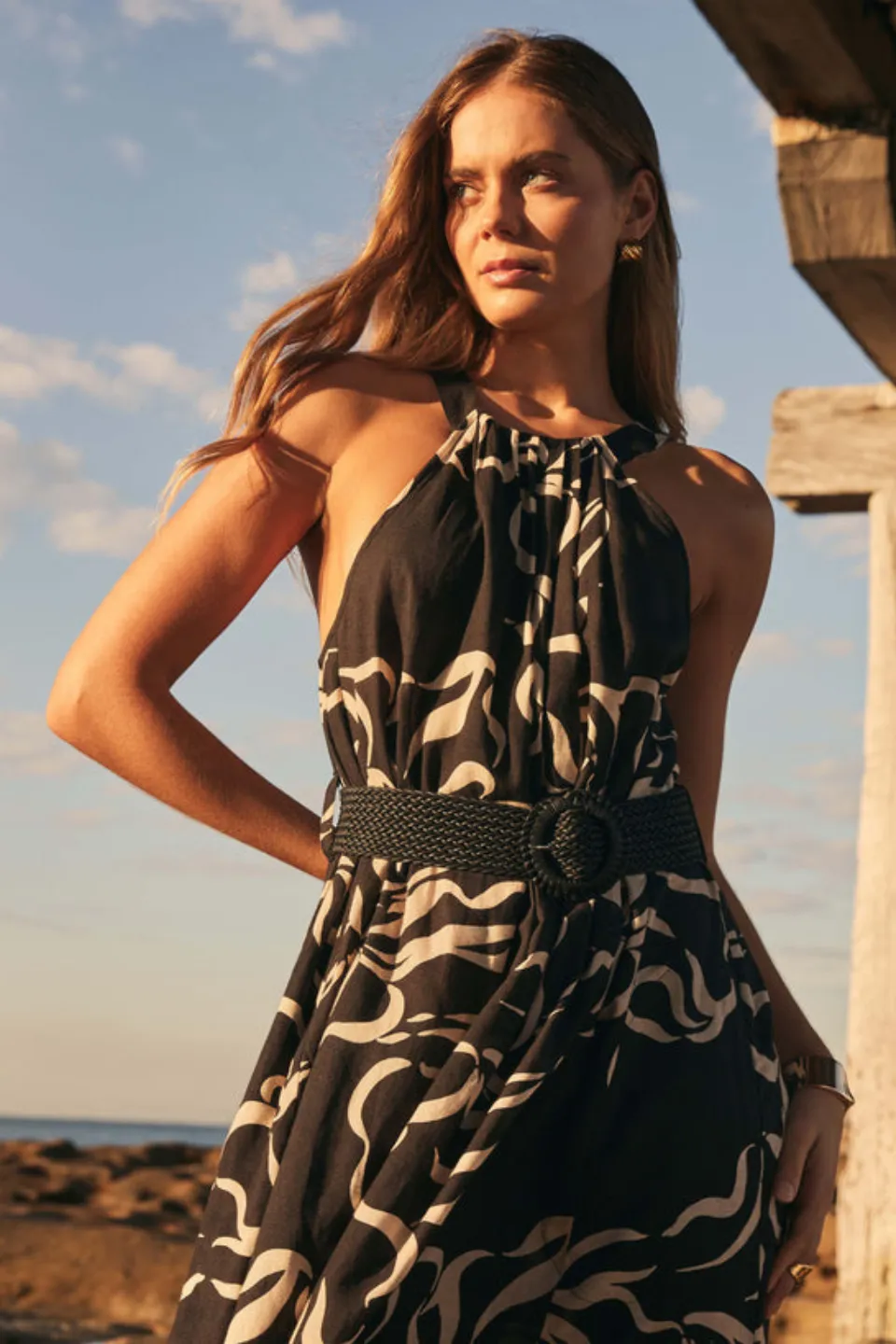 Sandy Wave Black Print High Neck Midi Dress