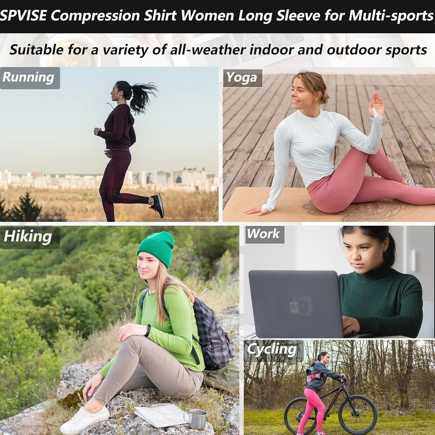 SPVISE Long Sleeve Compression Shirts for Women Workout Tops Cool Dry Breathable Yoga Running Hiking T-Shirt Fitted Basic Top