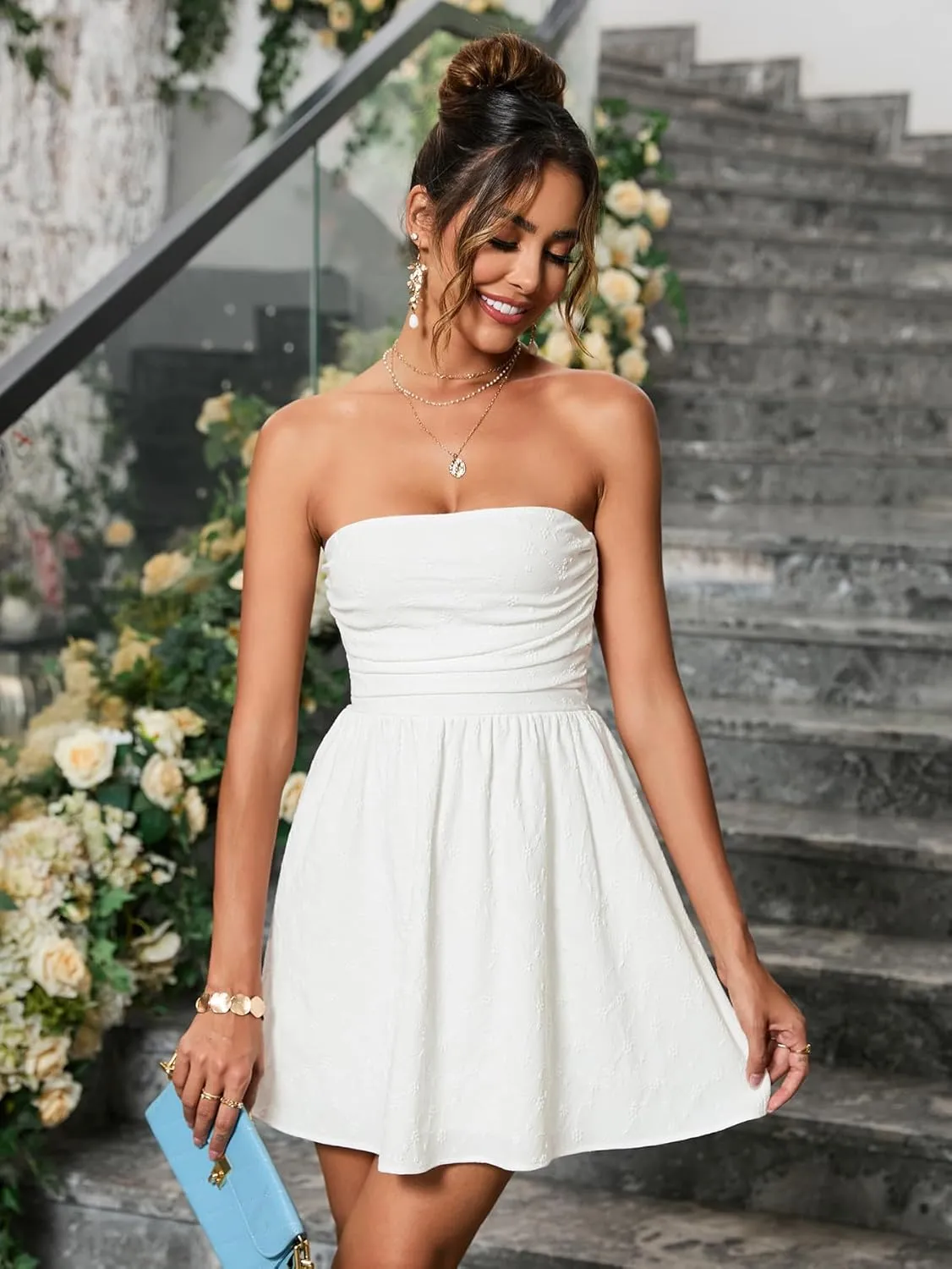 Summer Strapless Mini Dress Sleeveless Smocked Flowy A Line Beach Tube Top Dresses for Women 2025