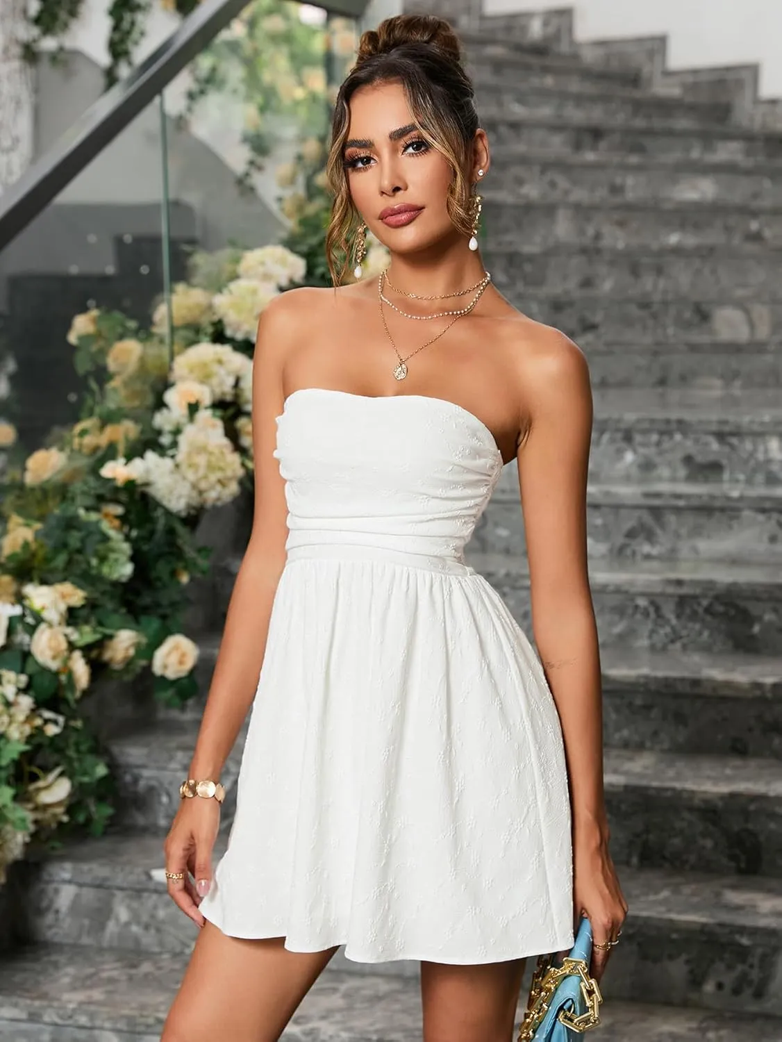Summer Strapless Mini Dress Sleeveless Smocked Flowy A Line Beach Tube Top Dresses for Women 2025