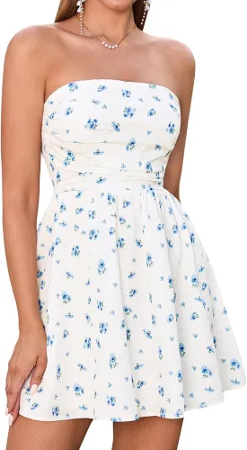 Summer Strapless Mini Dress Sleeveless Smocked Flowy A Line Beach Tube Top Dresses for Women 2025