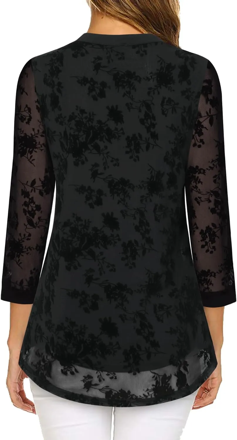 Timeson Women's 3/4 Sleeve Blouses Casual V Neck Dress Shirts Double Layers Mesh Tunics Tops