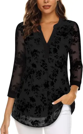 Timeson Women's 3/4 Sleeve Blouses Casual V Neck Dress Shirts Double Layers Mesh Tunics Tops