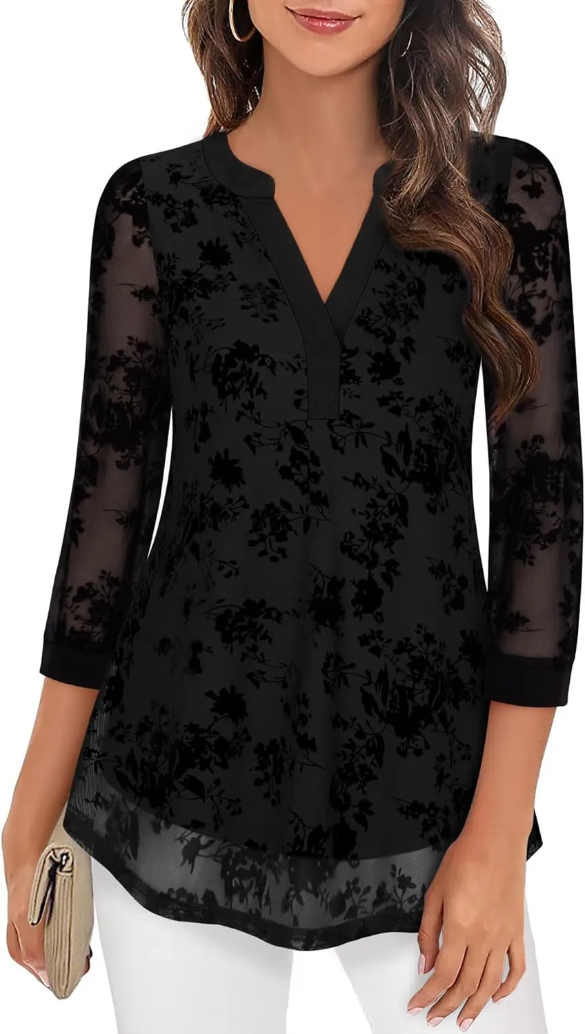 Timeson Women's 3/4 Sleeve Blouses Casual V Neck Dress Shirts Double Layers Mesh Tunics Tops