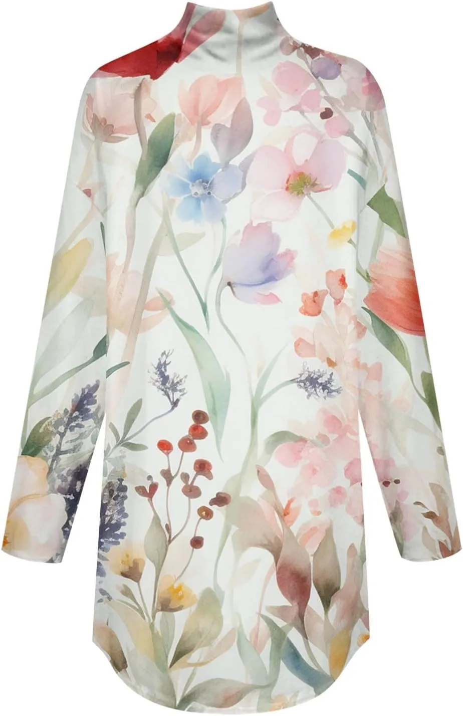 Tunic Tops for Women Loose Fit Fall Long Sleeve Shirts Mock Neck Work Tops Turtle Neck Side Split Floral Print Blouses