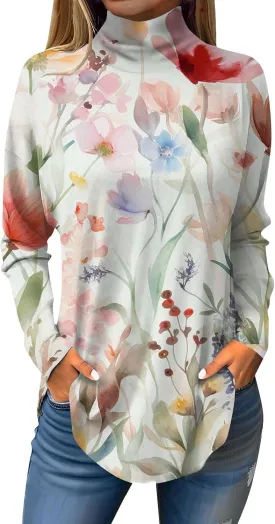 Tunic Tops for Women Loose Fit Fall Long Sleeve Shirts Mock Neck Work Tops Turtle Neck Side Split Floral Print Blouses