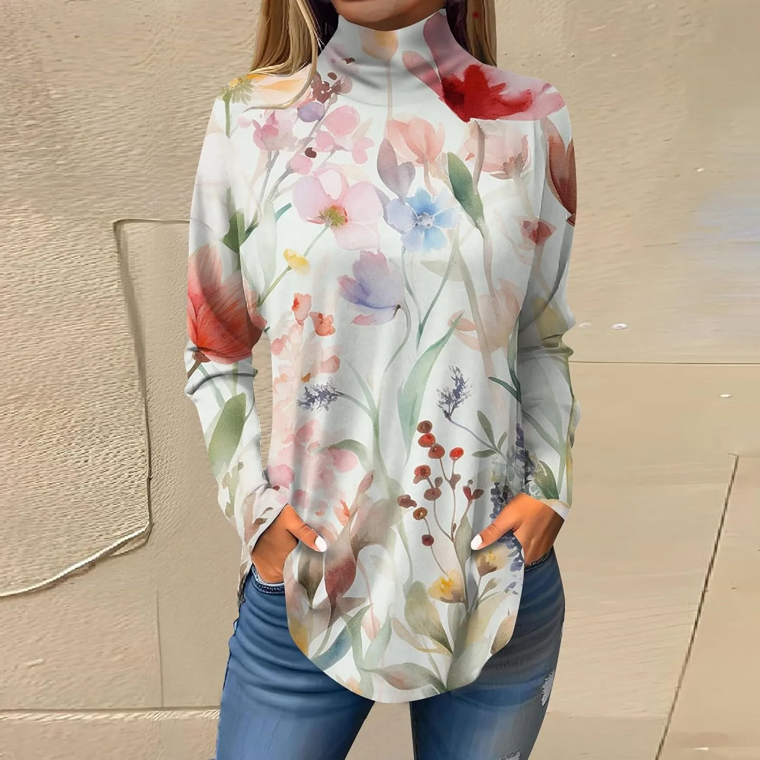 Tunic Tops for Women Loose Fit Fall Long Sleeve Shirts Mock Neck Work Tops Turtle Neck Side Split Floral Print Blouses