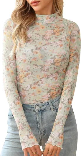 Ugerlov Womens Lace Long Sleeve Mesh Top Floral Mock Neck See Through Going Out Top with Thumb Hole Party Outfits Shirts