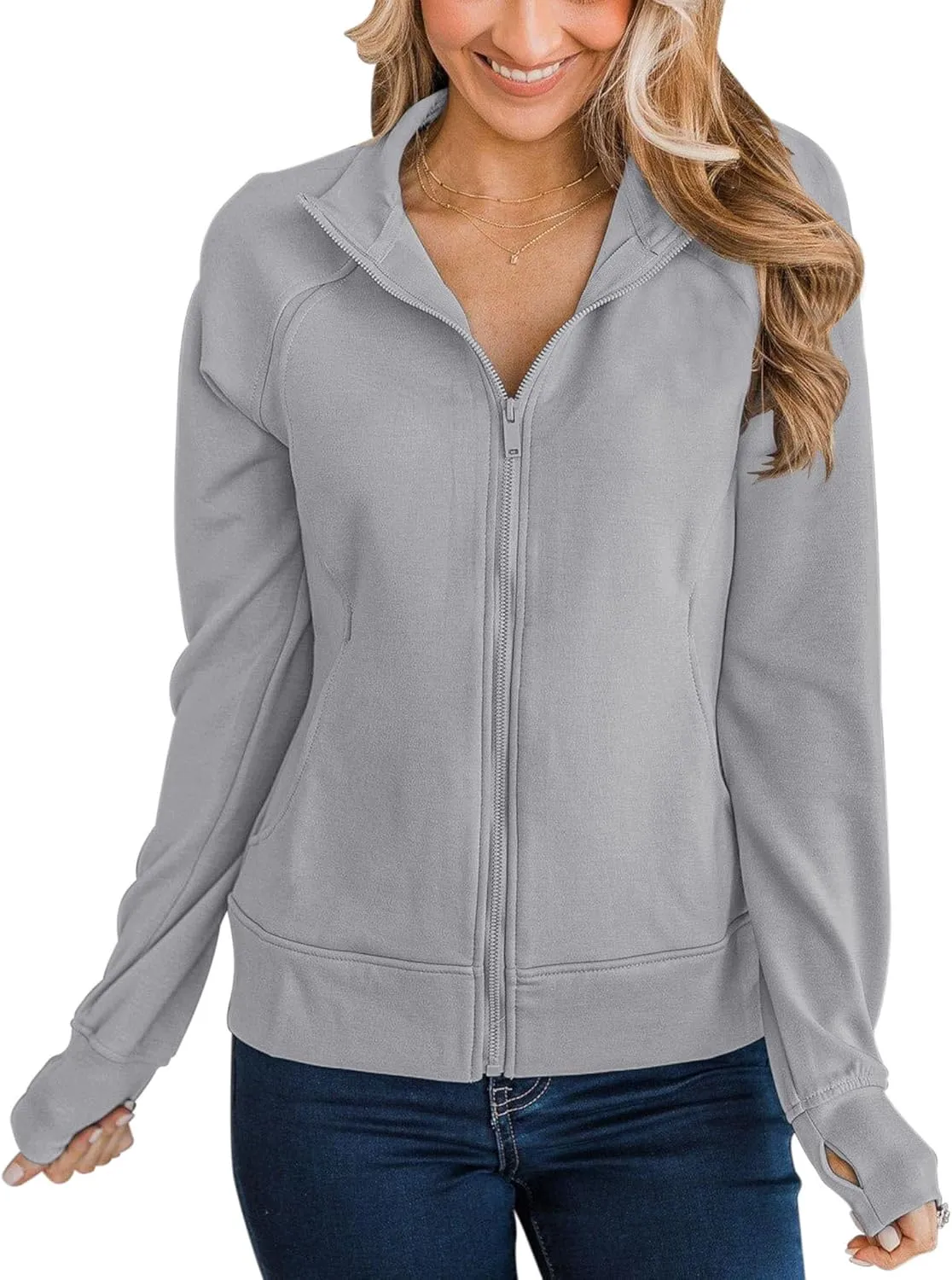 Vivitulip Womens Full Zip Up Athletic Jacket Long Sleeve Lightweight Pocketed Workout Coat Tops with Thumb Holes