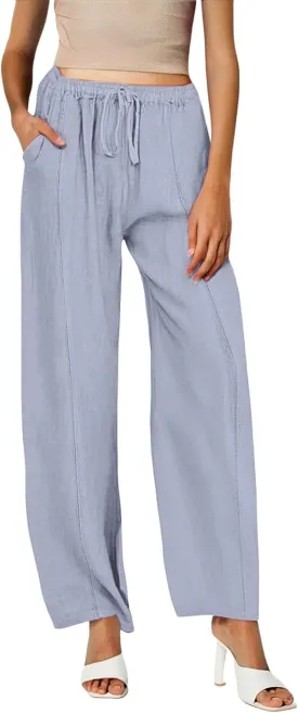 Women Cotton Linen Drawstring Pants Trendy Elastic High Waisted Beach Athletic Sweatpants Work Dressy Casual Trousers