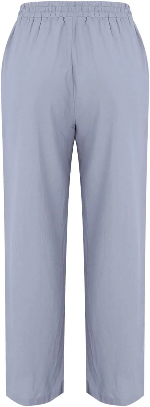 Women Cotton Linen Drawstring Pants Trendy Elastic High Waisted Beach Athletic Sweatpants Work Dressy Casual Trousers