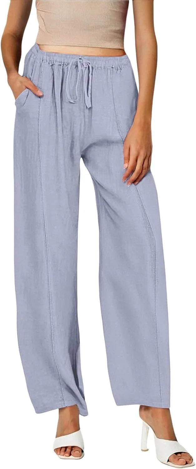 Women Cotton Linen Drawstring Pants Trendy Elastic High Waisted Beach Athletic Sweatpants Work Dressy Casual Trousers