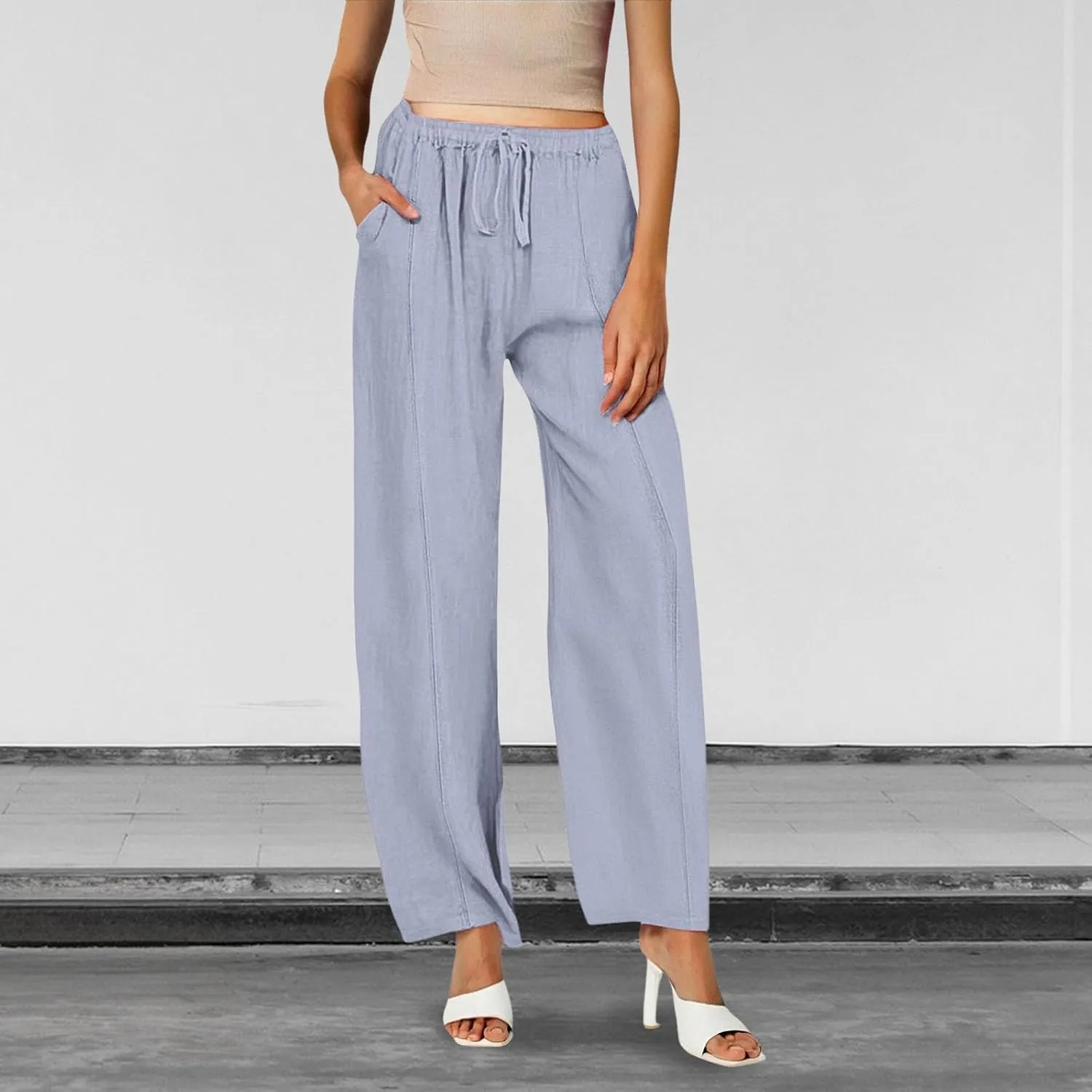 Women Cotton Linen Drawstring Pants Trendy Elastic High Waisted Beach Athletic Sweatpants Work Dressy Casual Trousers