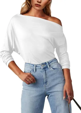 Womens Sexy One Shoulder Asymmetrical Neck Y2K Loose Shirt Long Sleeve Going Out Tunics Blouse