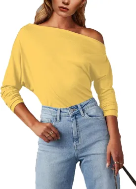 Womens Sexy One Shoulder Asymmetrical Neck Y2K Loose Shirt Long Sleeve Going Out Tunics Blouse
