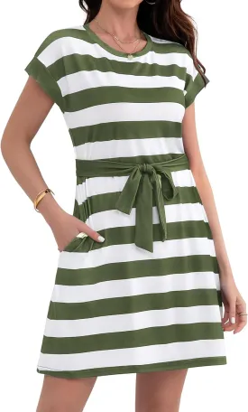Women's Summer Dresses 2025 Striped Cap Sleeve T Shirt Crewneck Casual Dress A Line Tie Waist with Pockets