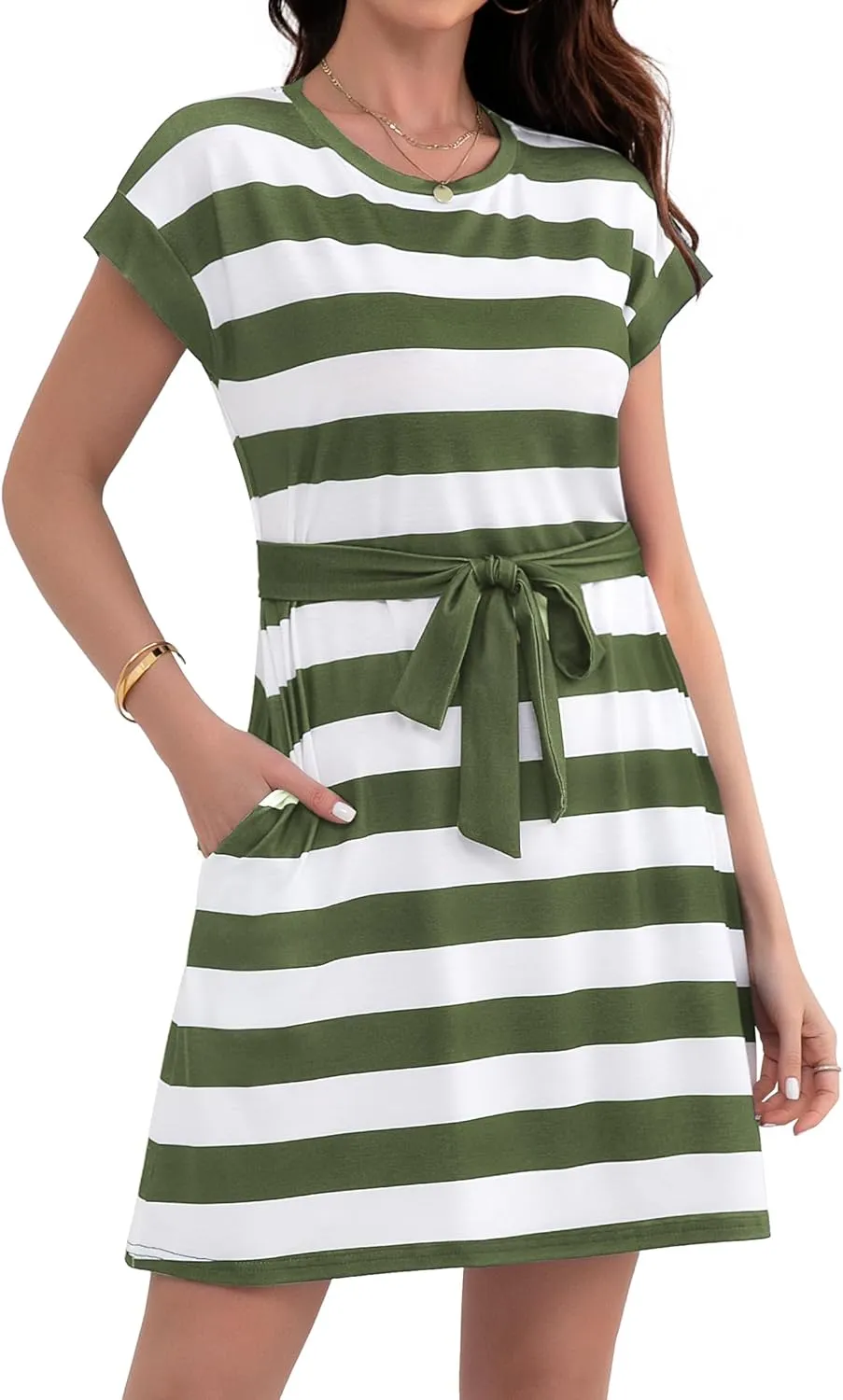 Women's Summer Dresses 2025 Striped Cap Sleeve T Shirt Crewneck Casual Dress A Line Tie Waist with Pockets
