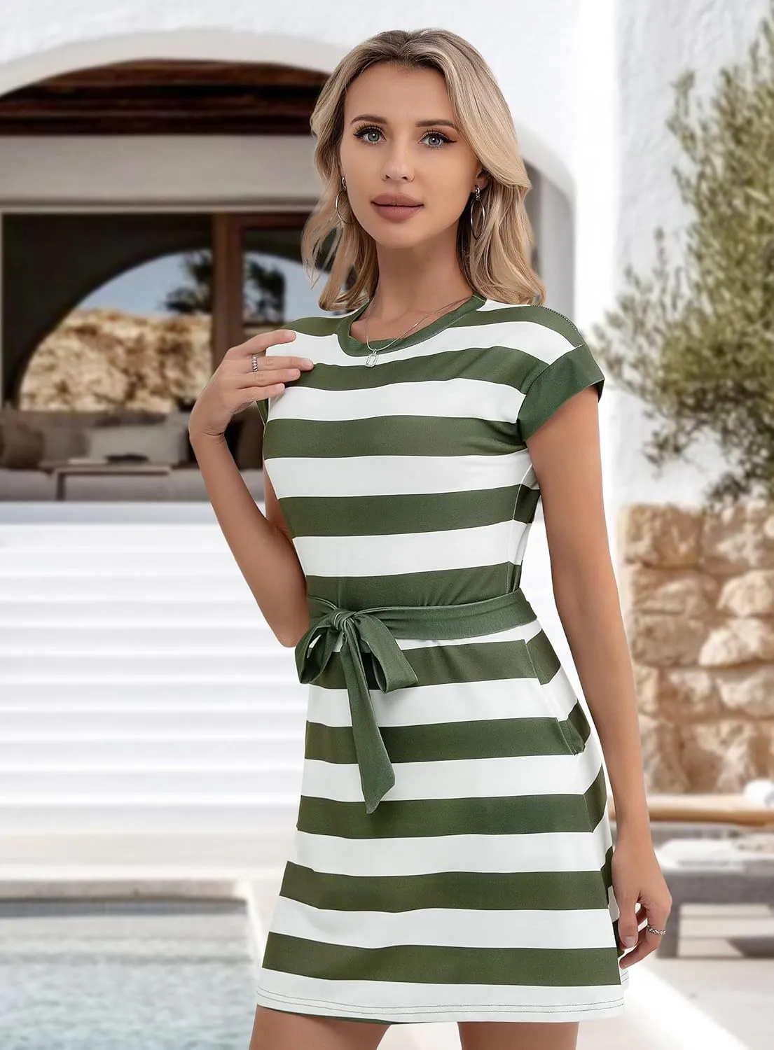 Women's Summer Dresses 2025 Striped Cap Sleeve T Shirt Crewneck Casual Dress A Line Tie Waist with Pockets
