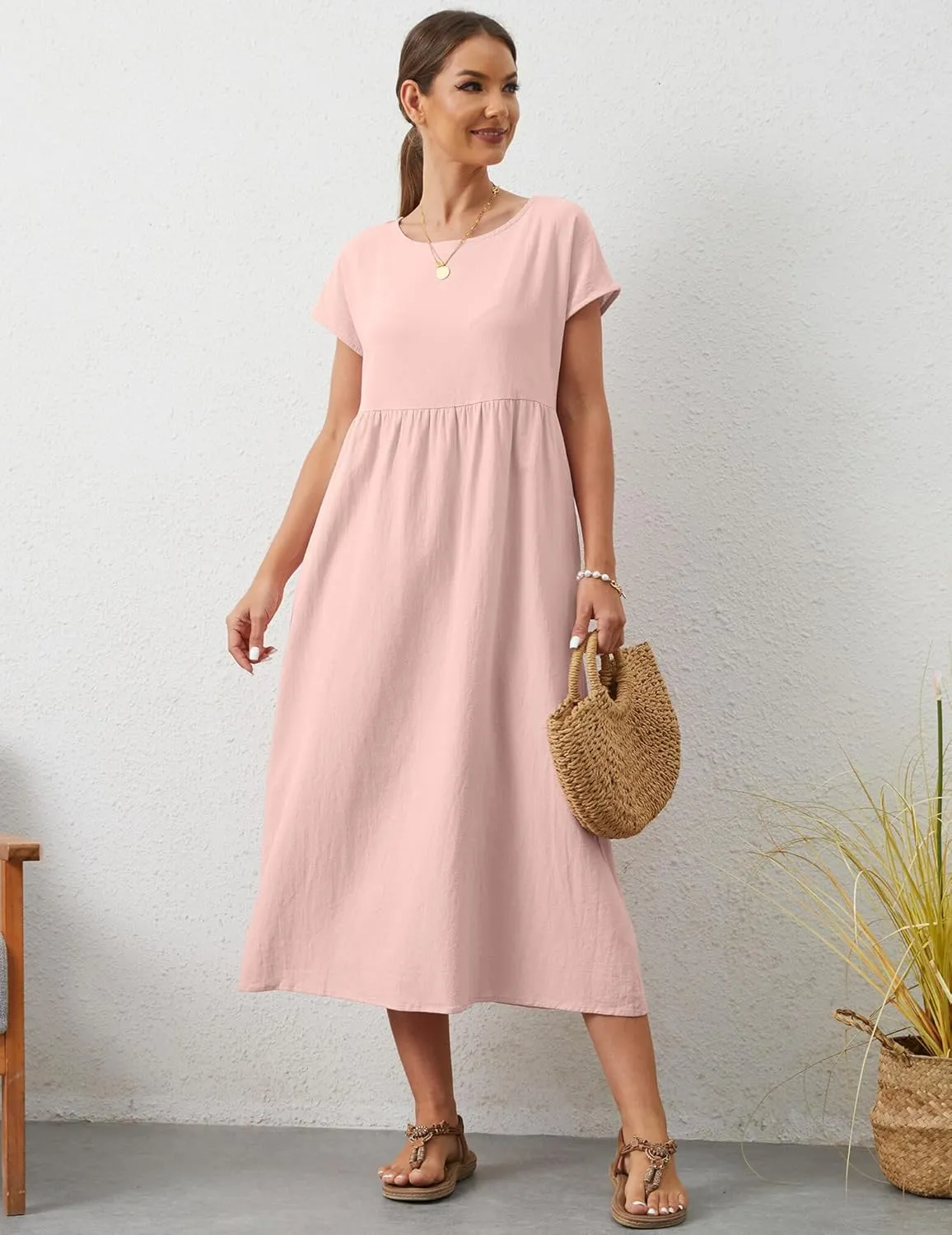 Women's Summer Dresses Maxi Casual Cap Sleeve Crewneck A Line Flowy Swing Beach Sundress with Pockets