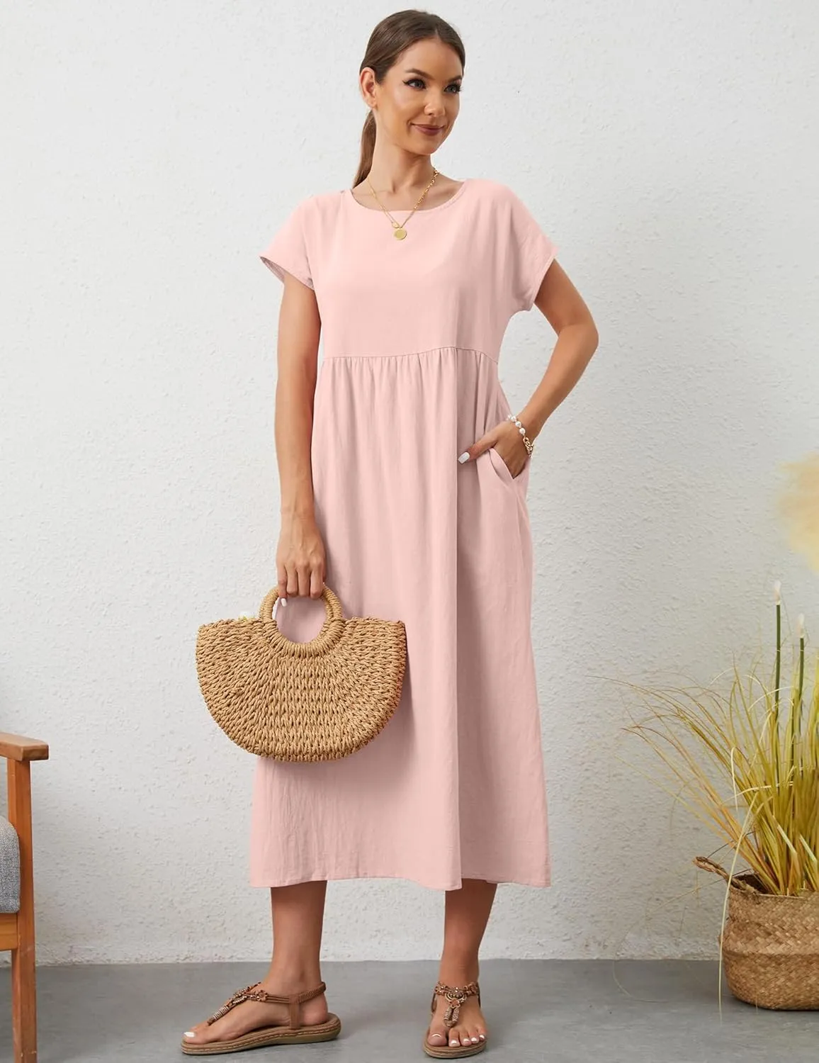 Women's Summer Dresses Maxi Casual Cap Sleeve Crewneck A Line Flowy Swing Beach Sundress with Pockets