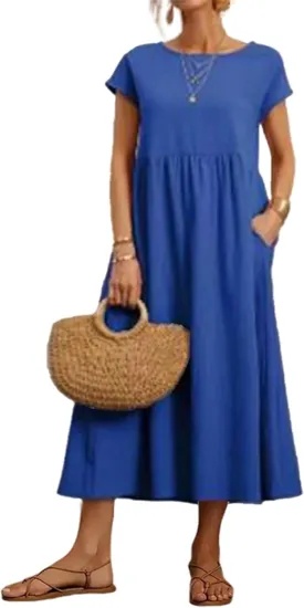 Women's Summer Dresses Maxi Casual Cap Sleeve Crewneck A Line Flowy Swing Beach Sundress with Pockets