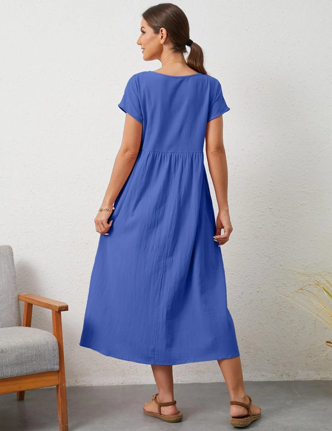 Women's Summer Dresses Maxi Casual Cap Sleeve Crewneck A Line Flowy Swing Beach Sundress with Pockets