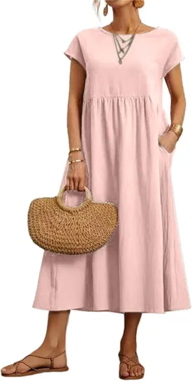 Women's Summer Dresses Maxi Casual Cap Sleeve Crewneck A Line Flowy Swing Beach Sundress with Pockets