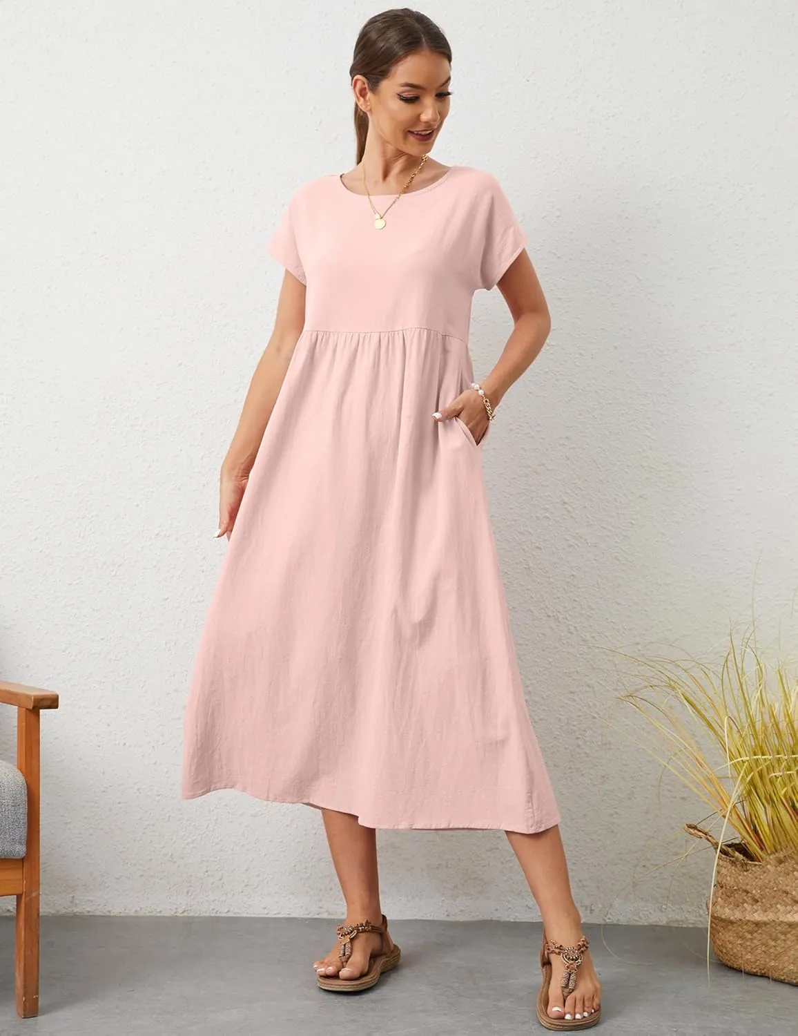 Women's Summer Dresses Maxi Casual Cap Sleeve Crewneck A Line Flowy Swing Beach Sundress with Pockets