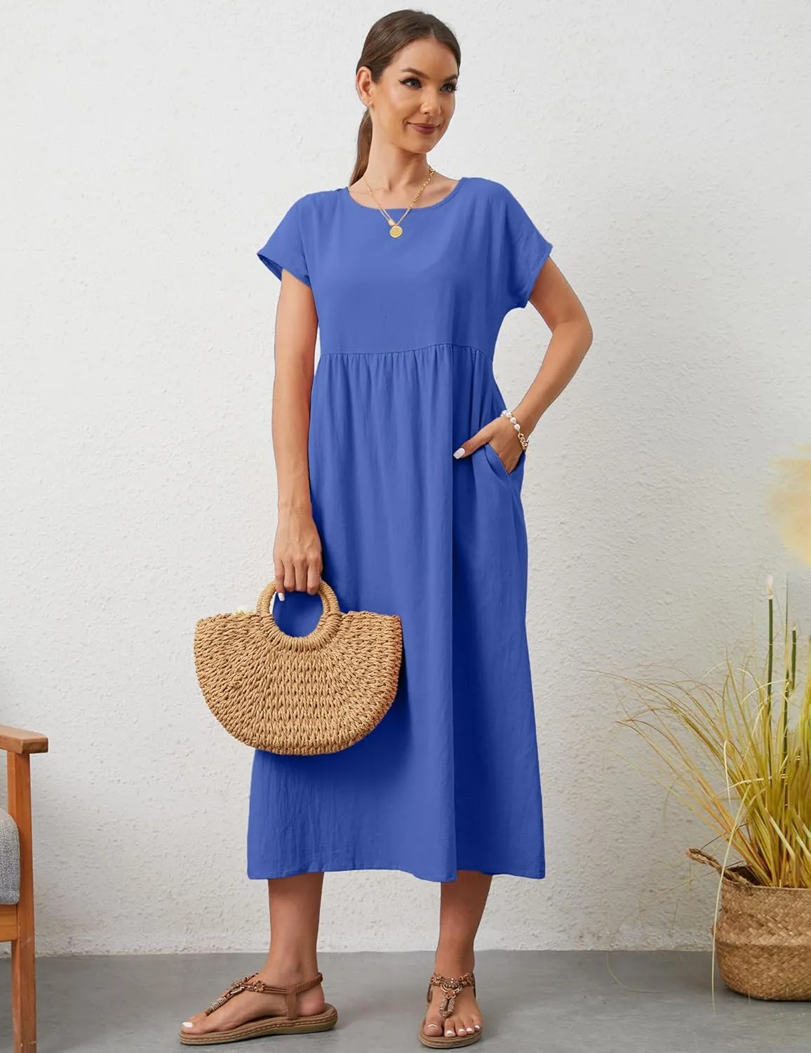 Women's Summer Dresses Maxi Casual Cap Sleeve Crewneck A Line Flowy Swing Beach Sundress with Pockets