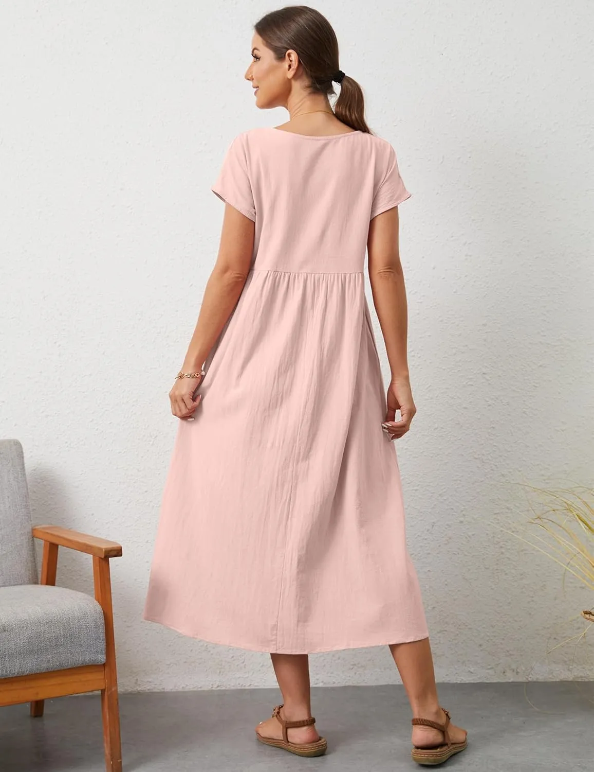 Women's Summer Dresses Maxi Casual Cap Sleeve Crewneck A Line Flowy Swing Beach Sundress with Pockets